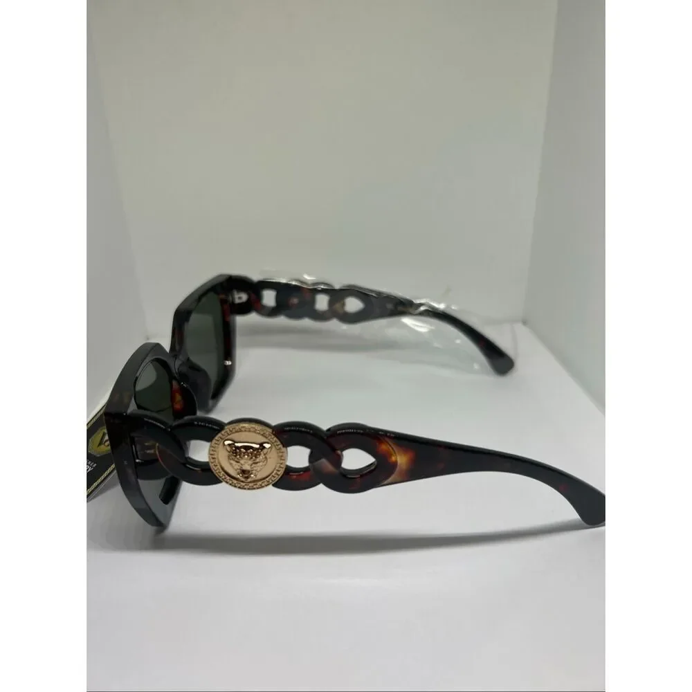 Oversized Tortoise Shell Sunglasses Gold Medallion Chain Arm Designer Style